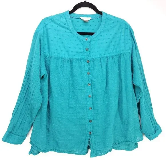 Pilcro By Anthropology Button Up Shirt Small Long Sleeves Green Top Swiss Dot - Picture 2 of 13